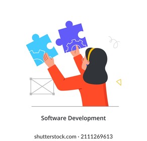 Software Development abstract concept. Young woman holds puzzle pieces with site settings and connects them. Programmer develops digital product and improves its. Cartoon flat vector illustration