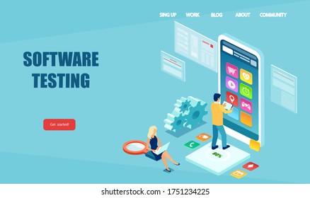 Software development and application quality assurance. Vector of IT developers testing mobile phone apps
