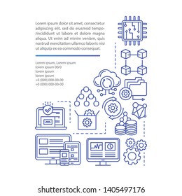 Software development article page vector template. Cloud technology brochure, magazine, booklet design element with linear icons and text boxes. Print design. Concept illustrations with text space 