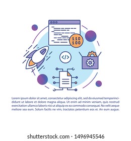 Software development article page vector template. Binary system. Brochure, magazine, booklet design element with linear icons, text boxes. Print design. Concept illustrations with text space