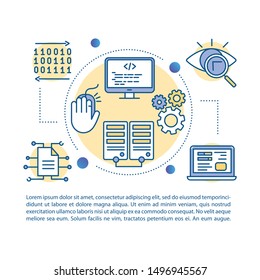 Software development article page vector template. Web programming. Brochure, magazine, booklet design element with linear icons and text boxes. Print design. Concept illustrations with text space