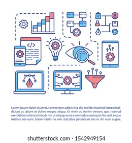 Software development article page vector template. Smartphone app programming. Brochure, magazine, booklet design element with linear icons. Print design. Concept illustrations with text