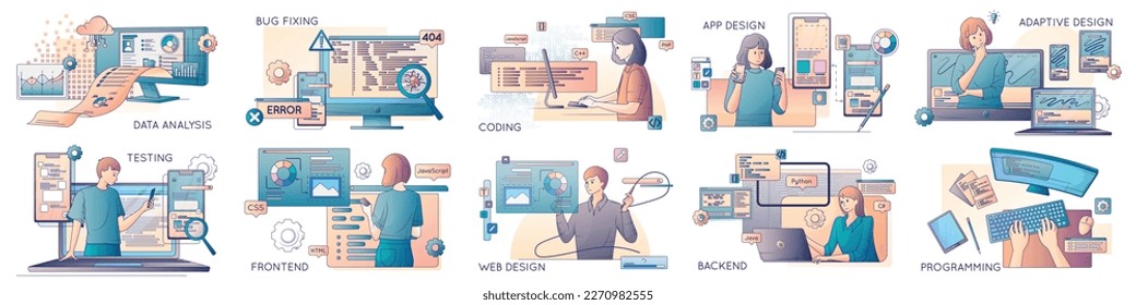 Software development backend data analysis app design frontend testing flat set with programmers during their work isolated vector illustration