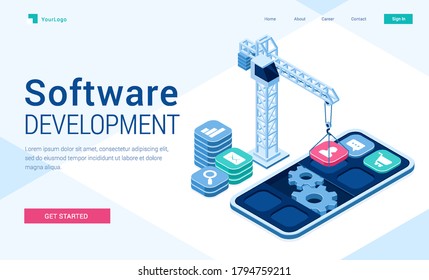 Software development banner. Concept of engineering and programming mobile applications, website api, internet technologies. Vector landing page with isometric smartphone, crane and buttons