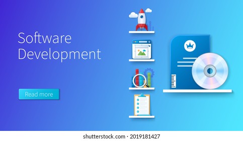 Software development banner with icons. Programming product, rocket, graph with a magnifying glass, checklist on shelves. Web vector infographic in 3D style.