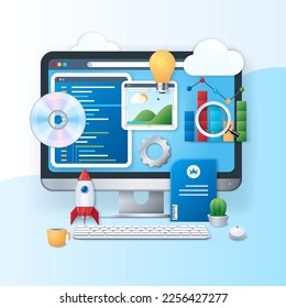 Software development banner. Monitor with programming window and app development icons on the screen. Computer technology concept. Web vector illustration in 3D style