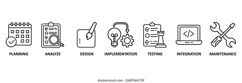 Software development banner web icon vector illustration foricon of planning, analyze, design, implementation, testing, integration, and maintenance