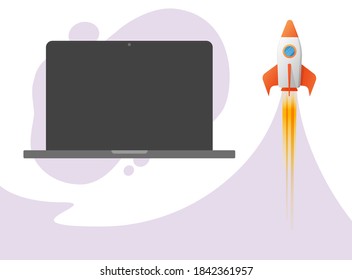 Software development boost launch online on with blank empty laptop computer with rocket ship as digital fast quick growing business high speed start up vector copy space text poster banner template