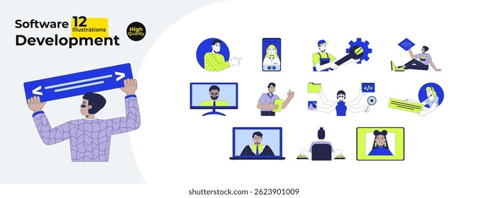 Personagens de desenvolvimento de software cartoon ilustrações plana pacote mega. Diversos desenvolvedores de tecnologia. Programadores, app builder imagens 2D isoladas em branco. Desenhos vetoriais de coleção coloridos