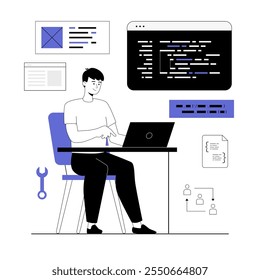 Desenvolvimento de software. Codificação, engenharia de backend ou programação. Ilustração vetorial com pessoas de linha para web design.	
