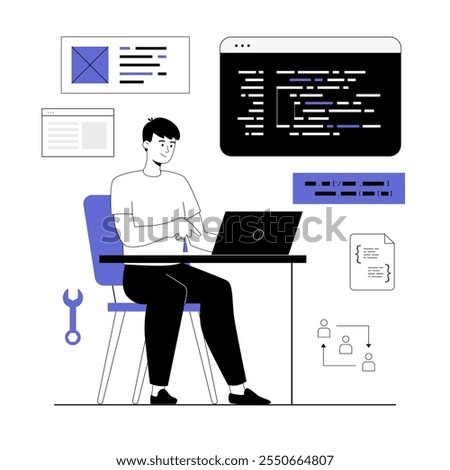 Software development. Coding, backend engineering or programming. Vector illustration with line people for web design.	
