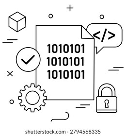 Software Development Coding And Cyber Security Line Illustration Featuring Programming Data Validation And Digital Protection
