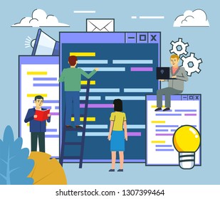 Software development, coding. People stand near big pages with code. Poster for social media, banner, presentation, web page. Flat design vector illustration