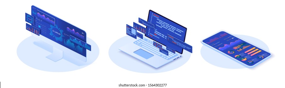 Software Development Coding Process Concept. Online Financial Audit. Isometric Website Metrics, Statistical Graphs Dashboards And Web Seo Research. Application Of Laptop,pc,phone With Business Graph.