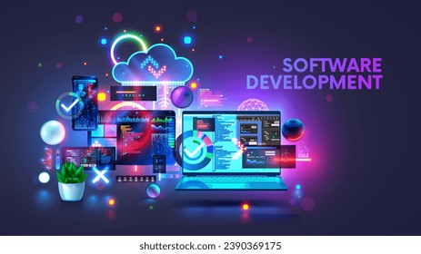 Software development coding process concept. Programming, testing cross platform code, app on laptop, tablet, phone. Coding, editing software desktop, mobile devices. Technology software of business.