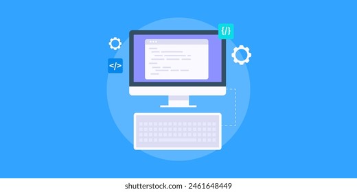 Software development, coding and programming, application development, Website codes, software testing, bug fixing - vector illustration banner with icons