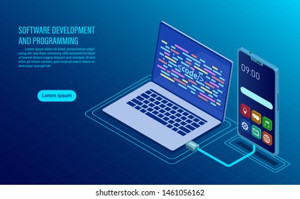 software development and coding. programming of concept. data processing. Computer code with window interface. flat isometric illustration 