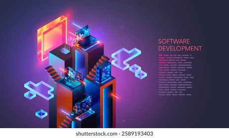 Software development, coding, programming concept. Programming, testing cross platform code, app on laptop, tablet, phone. Education, skill up of programmer. Technology computer software development.