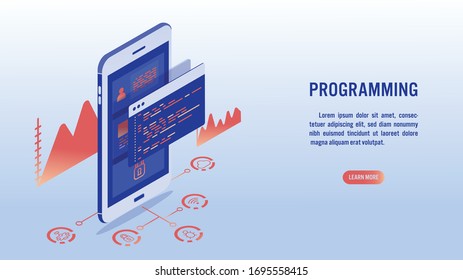 Software development , Coding , Programming and Mobile application concept. Programming language coding on screen mobile and User interface and related icon. Isometric vector illustration.