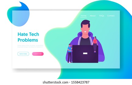 Software Development and Coding Website Landing Page. Coder Programmer Male Character Working on Laptop. Mobile Application and Site Creation Process Web Page Banner. Cartoon Flat Vector Illustration