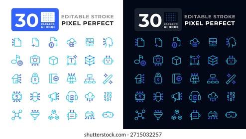Software-Entwicklung bunte Linie ui Symbole für helle und dunkle Modus gesetzt. Lufttechnik. Produktionsautomatisierung. Lineares Vektorduotonsymbolpaket. Elemente der Benutzeroberfläche, Pixel perfekt