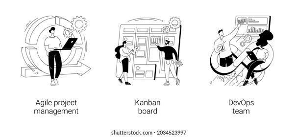Software development company abstract concept vector illustration set. Agile project management, kanban board, devOps team, scrum meeting, project life cycle, stakeholder, testing abstract metaphor.
