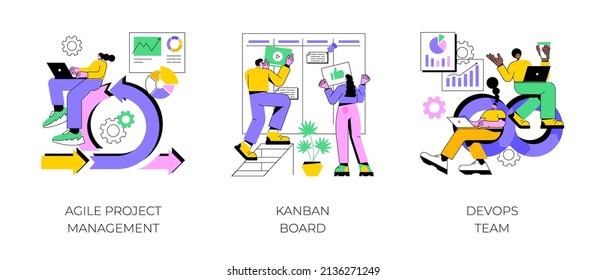 Software development company abstract concept vector illustration set. Agile project management, kanban board, devOps team, scrum meeting, project life cycle, stakeholder, testing abstract metaphor.