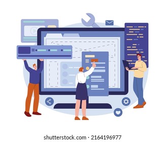 Software development concept. Businessman project manager, geek developer web network. Flat website coder character, digital teamwork kicky vector scene