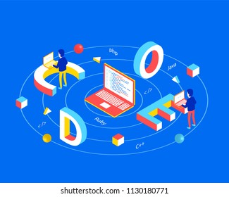 Software development concept. Code 3d word lettering typography with isometric programmers working on laptop. Flat 3d isometric style. Isometric design for web banner. Vector illustration.