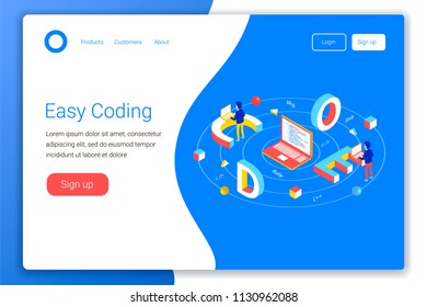 Software development concept. Code 3d word lettering typography with isometric programmers working on laptop. Flat 3d isometric style. Landing page template. Vector illustration.