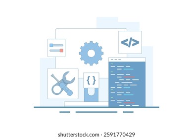 Software development concept. Coding and configuration of gears on a computer screen showing the settings of a screwdriver key code. Flat illustration Isolated background with flat line style.