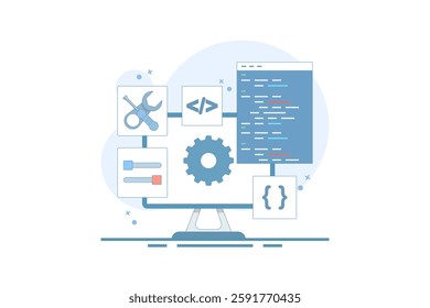 Software development concept. Coding and configuration of gears on a computer screen showing the settings of a screwdriver key code. Flat illustration Isolated background with flat line style.