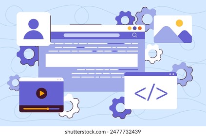 Software development concept. Digital application and website programming, engineering and coding. Creating UI and UX design elements. Script and programming language. Cartoon flat vector illustration