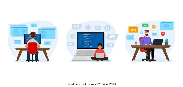 Software development concept. Engineer programmer is working at the desk. Programming concept. Website coding. Vector illustration set.