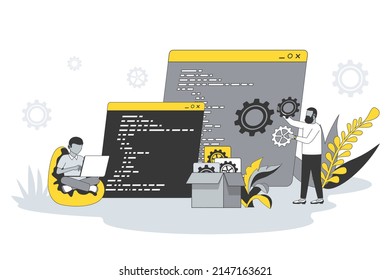 Software development concept in flat line design. People write code, settings and testing, developing programs and applications, working at IT industry. Vector illustration with outline scene for web