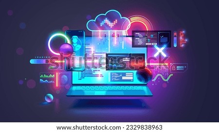 Software development concept. Laptop with open screen hanging over desk. Coding or programming software and computer applications concept, Development interface of program for laptop and mobile phone.