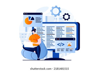 Software development concept with people scene in flat cartoon design. Woman developer working with programming language at computer and coding at screens. Vector illustration visual story for web