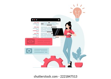 Software development concept with people scene in flat design. Woman develops code, generates ideas and finds creative solutions for product. Vector illustration with character situation for web