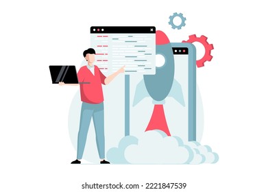 Software development concept with people scene in flat design. Man developing new product, creating program and working in IT startup company. Vector illustration with character situation for web