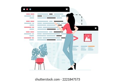 Software development concept with people scene in flat design. Woman develops code and designs prototypes, creates programs and applications. Vector illustration with character situation for web