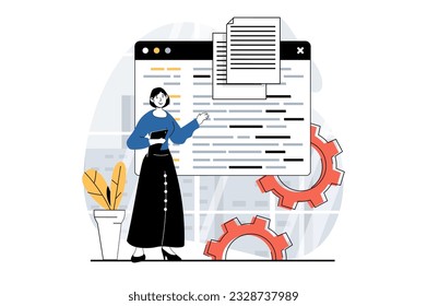 Software development concept with people scene in flat design for web. Woman programming and engineering code, settings page on screen. Vector illustration for social media banner, marketing material.