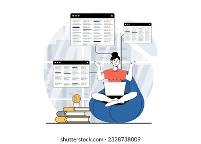 Software development concept with people scene in flat design for web. Woman works with programming code in many screens in office. Vector illustration for social media banner, marketing material.