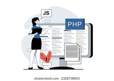 Software development concept with people scene in flat design for web. Woman creating programs and testing code of webpage layout. Vector illustration for social media banner, marketing material.