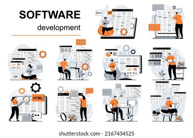 Software development concept with people scenes set in flat design. Women and men creating apps and programing, testing code, work in IT industry. Vector illustration visual stories collection for web