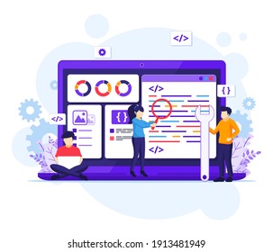Software Development concept, People work on a giant laptop programming and coding flat vector illustration