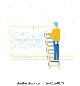 Software Development Concept. Programmer Make Site or Web Interface Project. Website Designer Developer Social Media Wireframe Front End Programming, Coding. Cartoon Flat Vector Illustration, Line Art