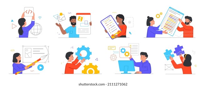 Software Development concept. Set of men and women programming new apps, websites or games. Characters create digital products using tools. Cartoon flat vector collection isolated on white background