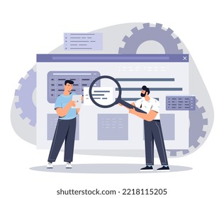 Software development concept. Two men writing code for website. Programmers and IT specialists, modern technologies and digital world. Data analysis and information. Cartoon flat vector illustration