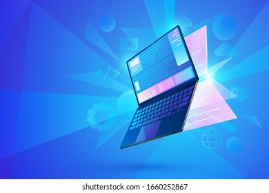 Software development concept, user interface Laptop with virtual interactive screens processing, web interface design, software coding and programming languages vector 