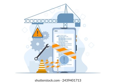 Concepto de desarrollo de software, sitio web en construcción, Desarrollador de fijación de sistema web y servidor de actualización, mantenimiento del sitio web, Codificación y programación, página de aterrizaje de la interfaz de usuario, banner web, aplicación móvil.